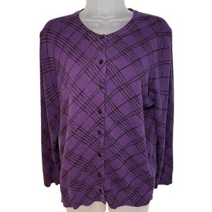 Large Cardigan Sweater Women Purple Plaid Button Front Office knit preppy grunge